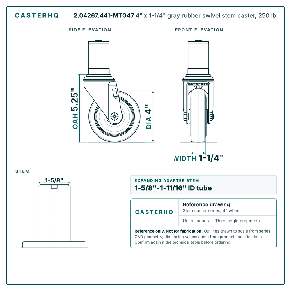 2.04267.441-MTG47 4" x 1-1/4" gray rubber swivel stem caster, 250 lb reference drawing, side, front and stem views with dimensions