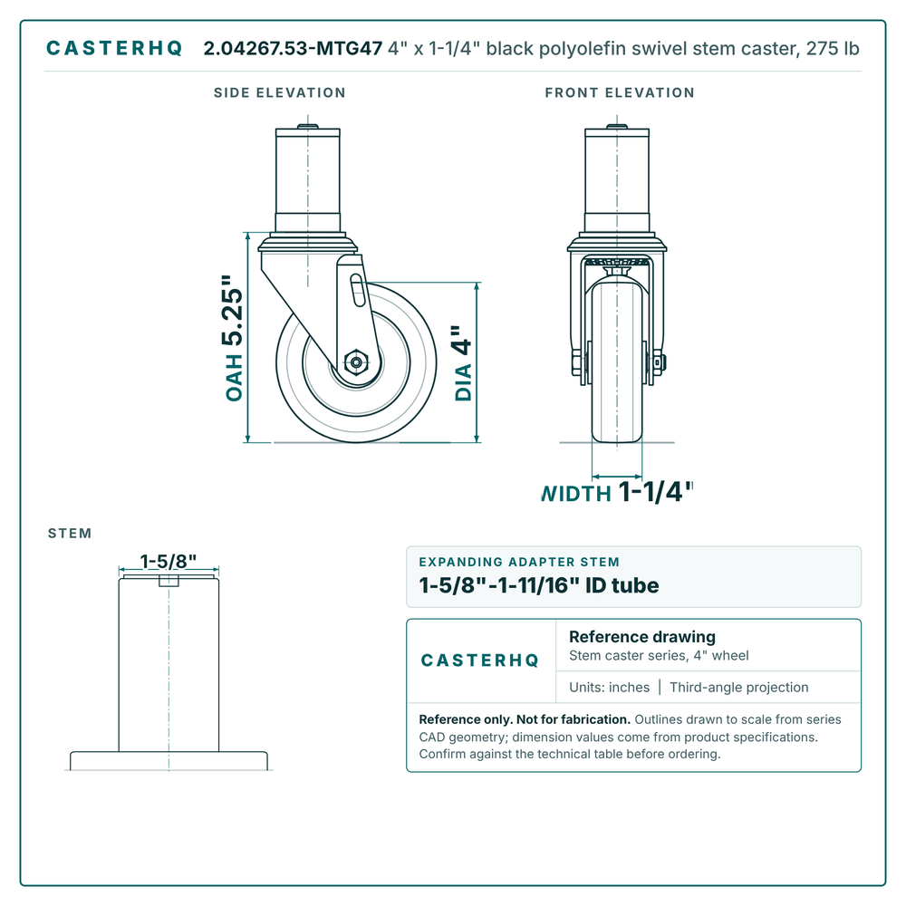 2.04267.53-MTG47 4" x 1-1/4" black polyolefin swivel stem caster, 275 lb reference drawing, side, front and stem views with dimensions