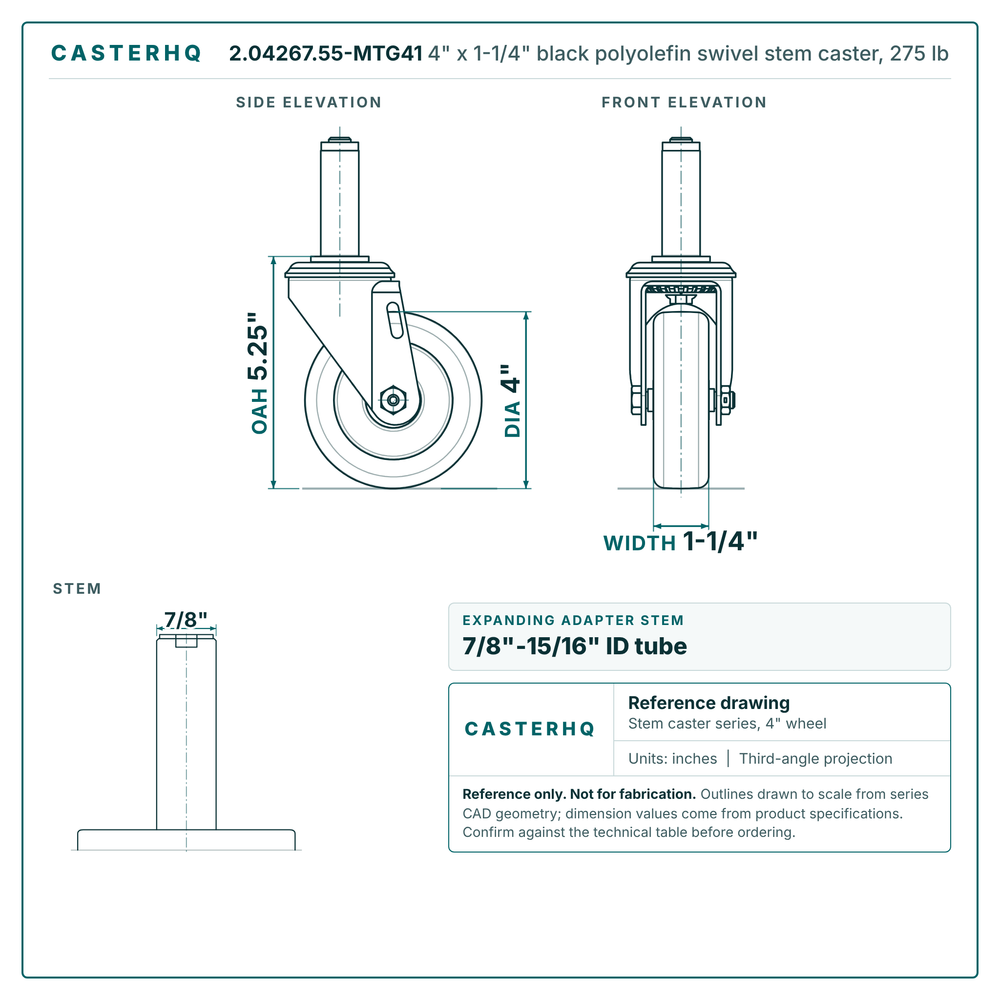 2.04267.55-MTG41 4" x 1-1/4" black polyolefin swivel stem caster, 275 lb reference drawing, side, front and stem views with dimensions