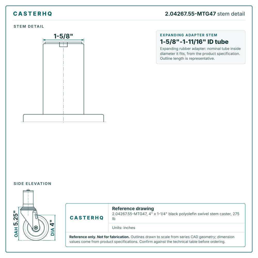 2.04267.55-MTG47 stem detail drawing, expanding adapter stem 1-5/8"-1-11/16" ID tube