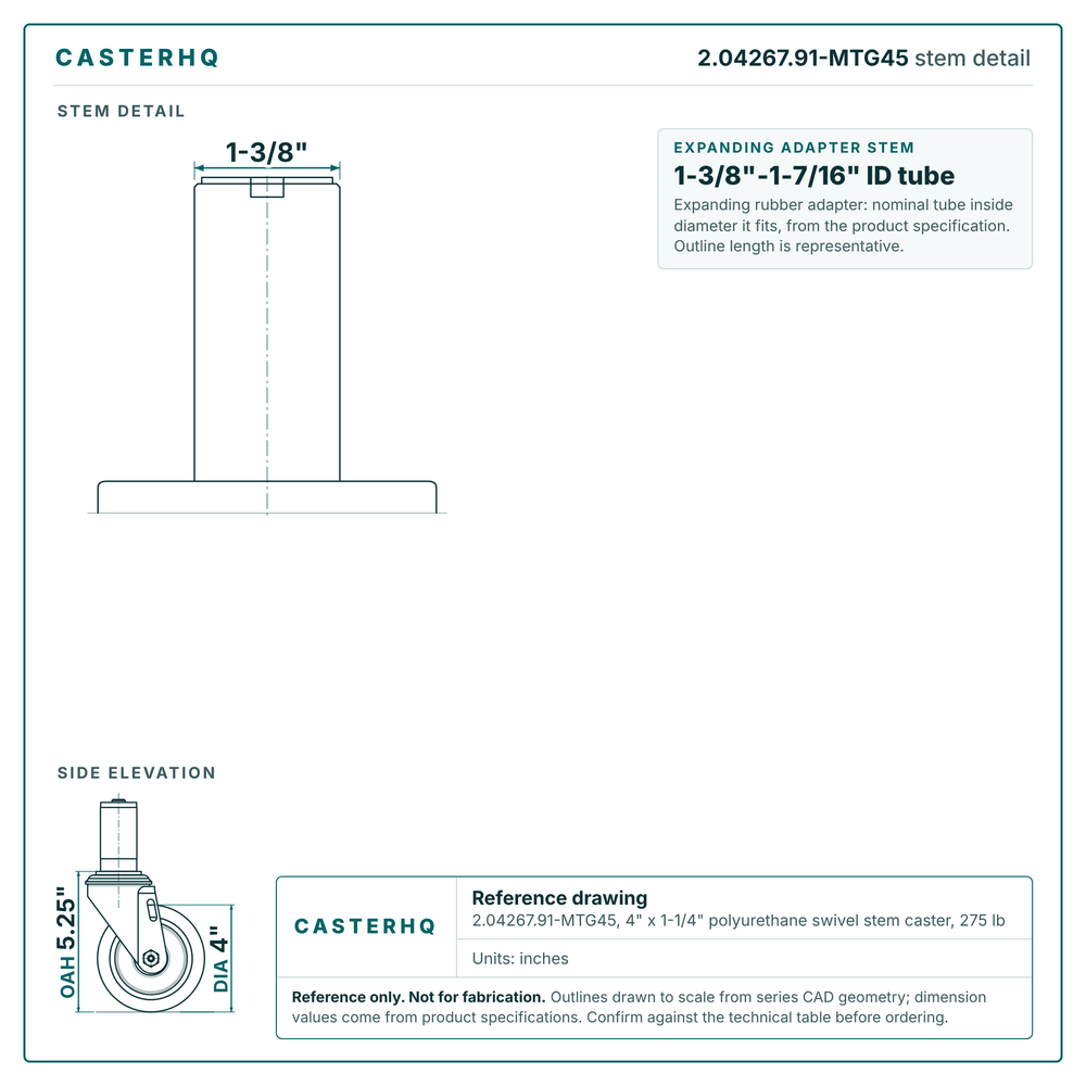 2.04267.91-MTG45 stem detail drawing, expanding adapter stem 1-3/8"-1-7/16" ID tube