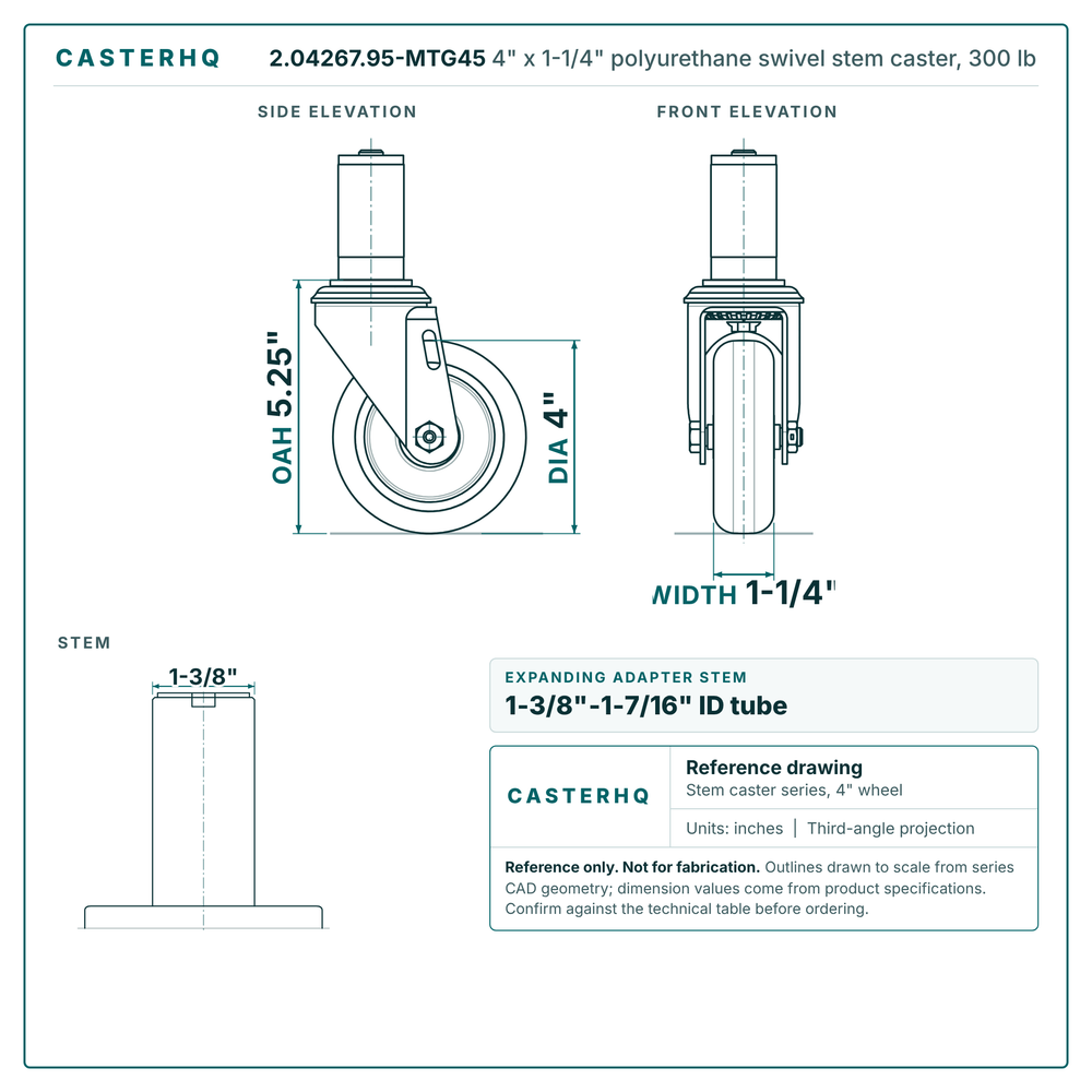 2.04267.95-MTG45 4" x 1-1/4" polyurethane swivel stem caster, 300 lb reference drawing, side, front and stem views with dimensions