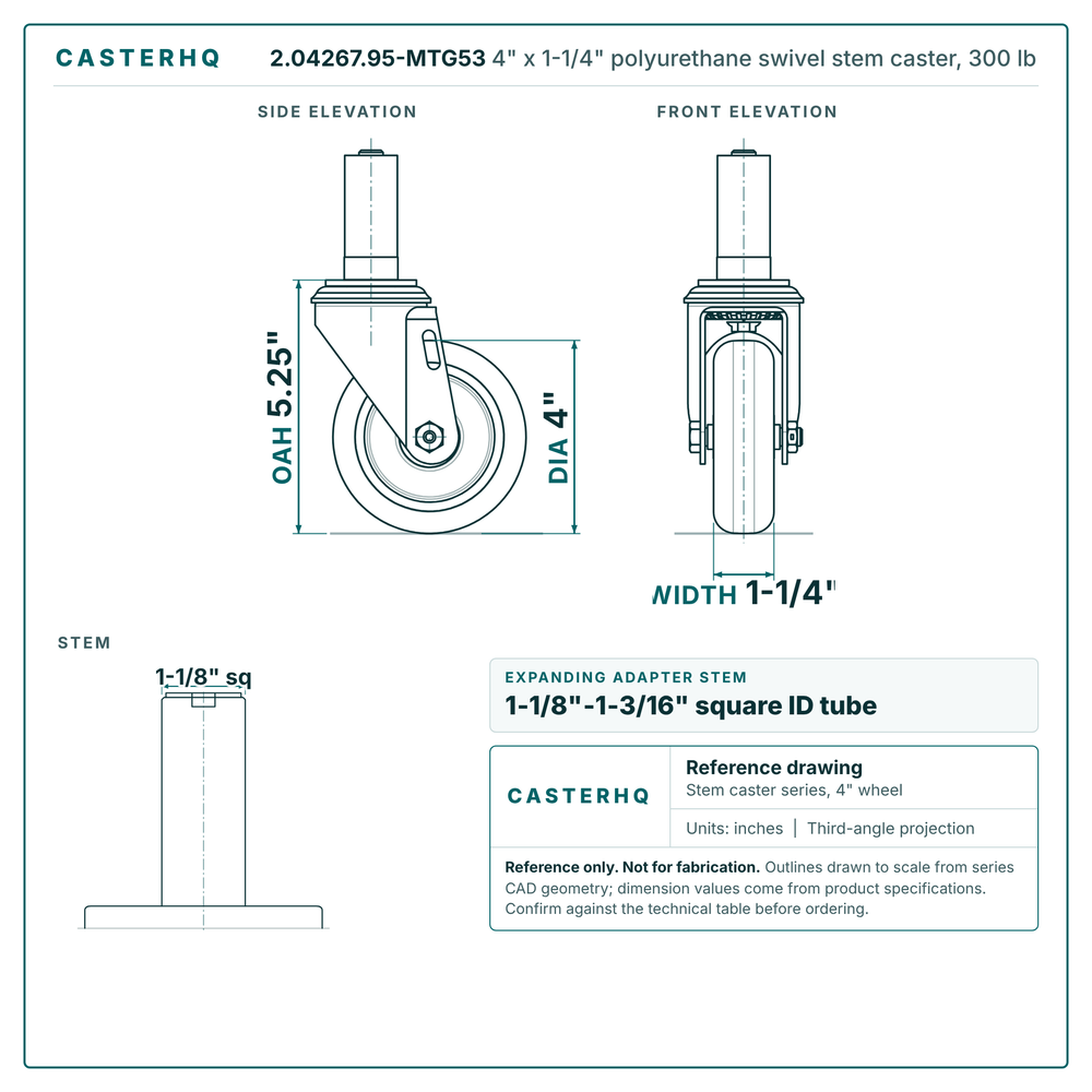2.04267.95-MTG53 4" x 1-1/4" polyurethane swivel stem caster, 300 lb reference drawing, side, front and stem views with dimensions