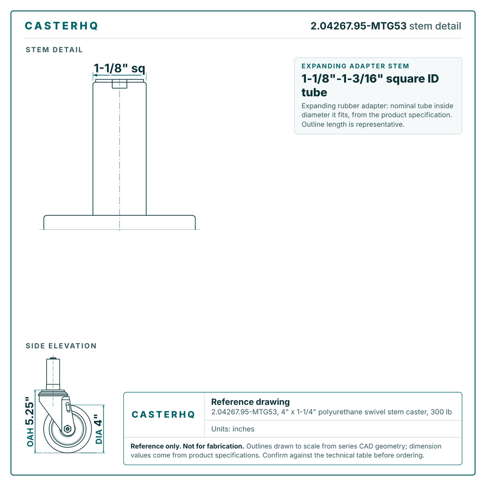 2.04267.95-MTG53 stem detail drawing, expanding adapter stem 1-1/8"-1-3/16" square ID tube