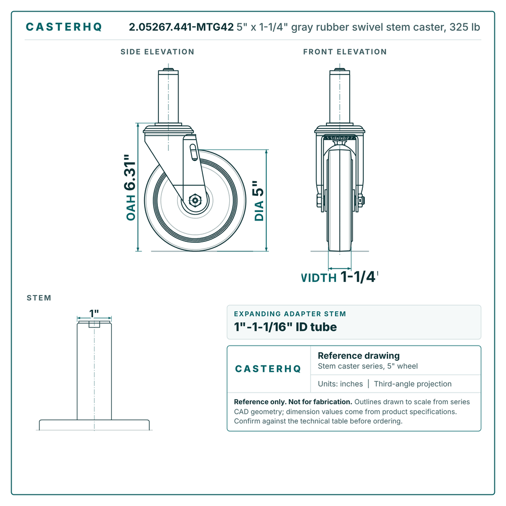 2.05267.441-MTG42 5" x 1-1/4" gray rubber swivel stem caster, 325 lb reference drawing, side, front and stem views with dimensions