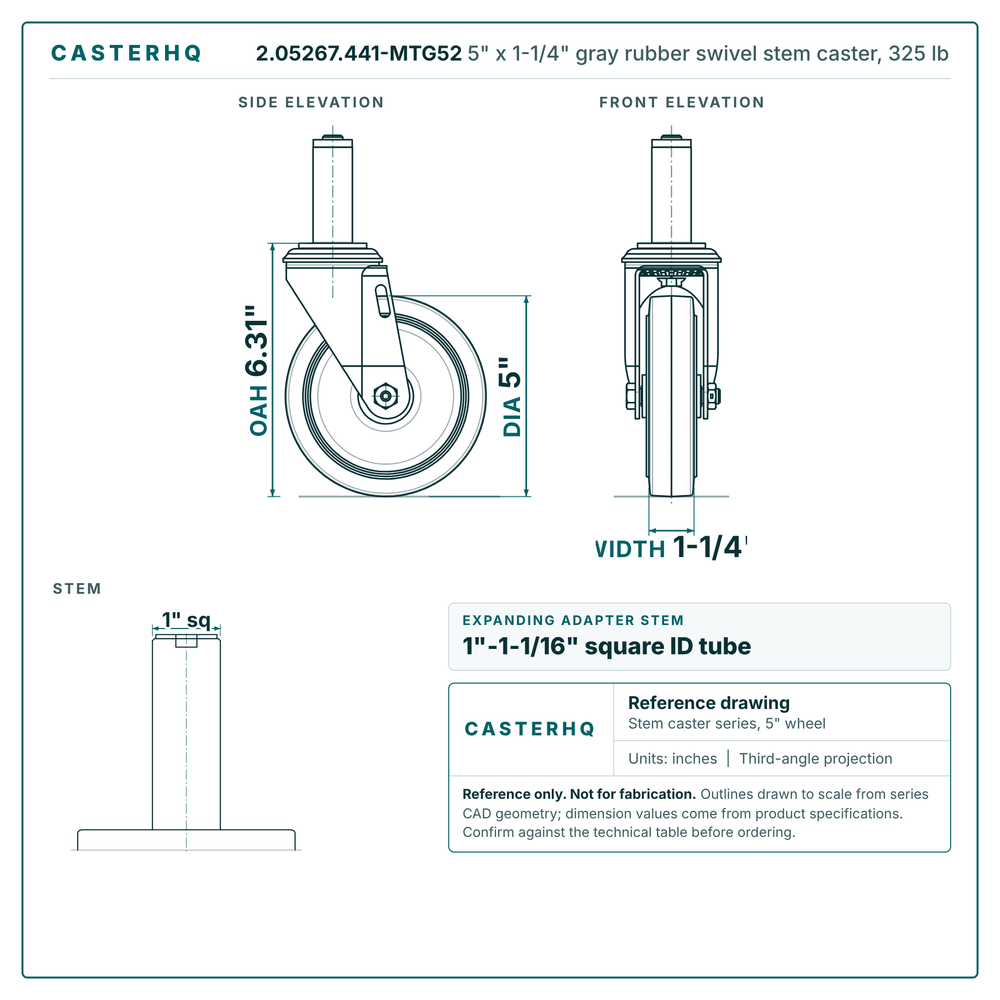 2.05267.441-MTG52 5" x 1-1/4" gray rubber swivel stem caster, 325 lb reference drawing, side, front and stem views with dimensions