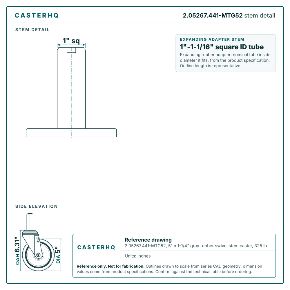 2.05267.441-MTG52 stem detail drawing, expanding adapter stem 1"-1-1/16" square ID tube