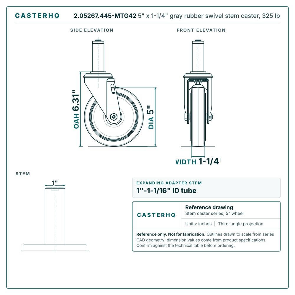 2.05267.445-MTG42 5" x 1-1/4" gray rubber swivel stem caster, 325 lb reference drawing, side, front and stem views with dimensions