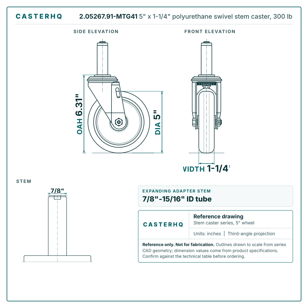 2.05267.91-MTG41 5" x 1-1/4" polyurethane swivel stem caster, 300 lb reference drawing, side, front and stem views with dimensions