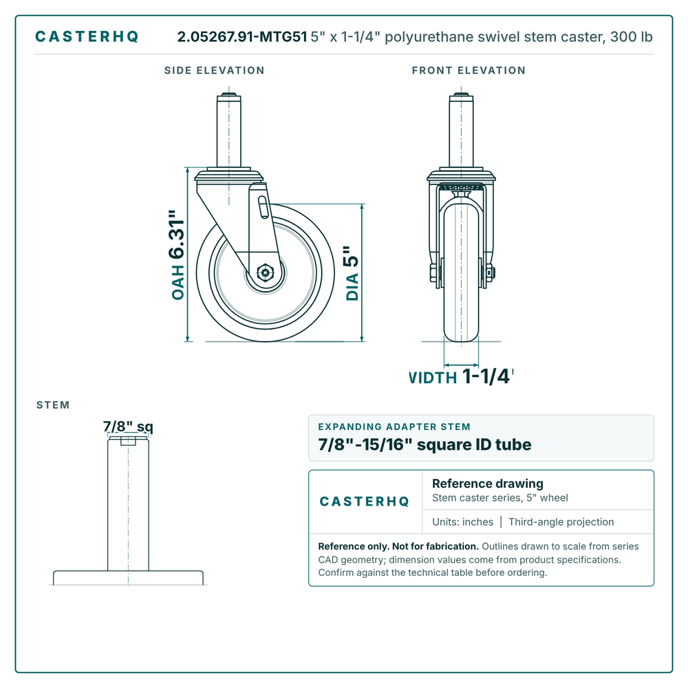2.05267.91-MTG51 5" x 1-1/4" polyurethane swivel stem caster, 300 lb reference drawing, side, front and stem views with dimensions