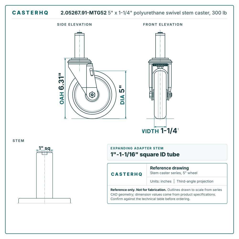 2.05267.91-MTG52 5" x 1-1/4" polyurethane swivel stem caster, 300 lb reference drawing, side, front and stem views with dimensions