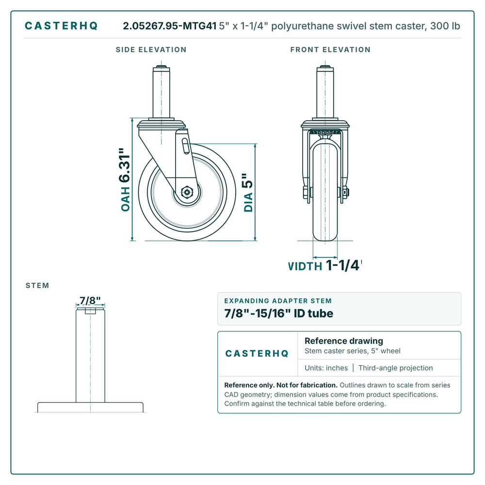 2.05267.95-MTG41 5" x 1-1/4" polyurethane swivel stem caster, 300 lb reference drawing, side, front and stem views with dimensions