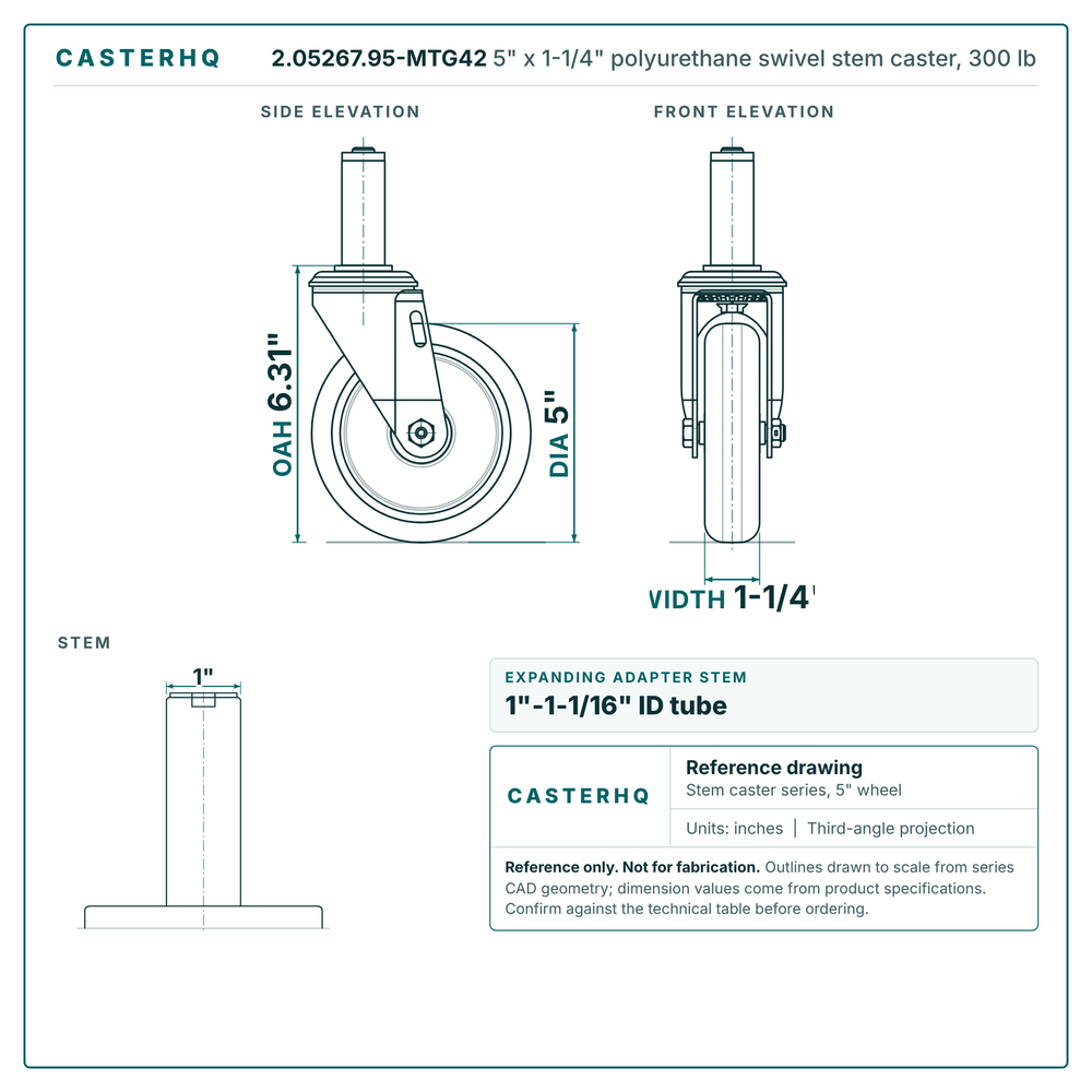 2.05267.95-MTG42 5" x 1-1/4" polyurethane swivel stem caster, 300 lb reference drawing, side, front and stem views with dimensions