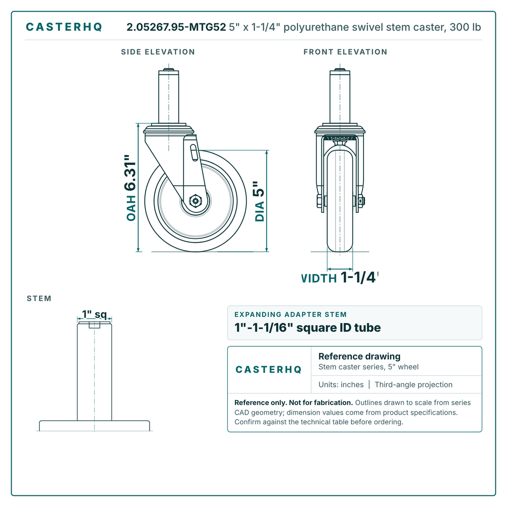 2.05267.95-MTG52 5" x 1-1/4" polyurethane swivel stem caster, 300 lb reference drawing, side, front and stem views with dimensions
