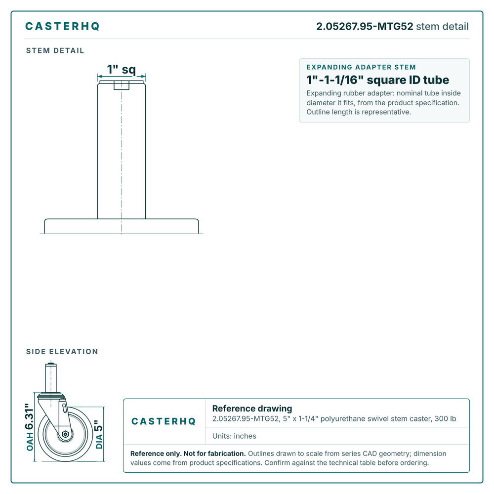 2.05267.95-MTG52 stem detail drawing, expanding adapter stem 1"-1-1/16" square ID tube
