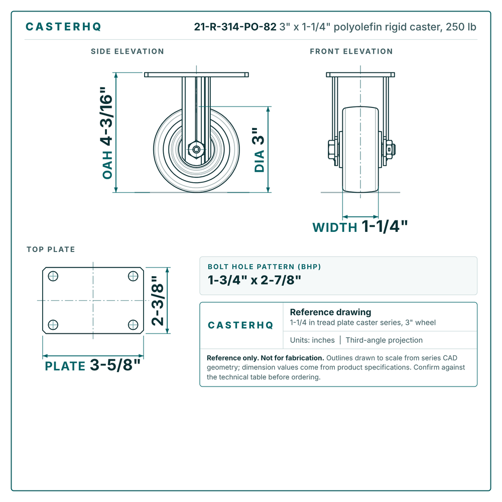 3 x 1-1/4 in polyolefin rigid caster reference drawing, 2-3/8 x 3-5/8 in top plate, side, front and top plate views with dimensions