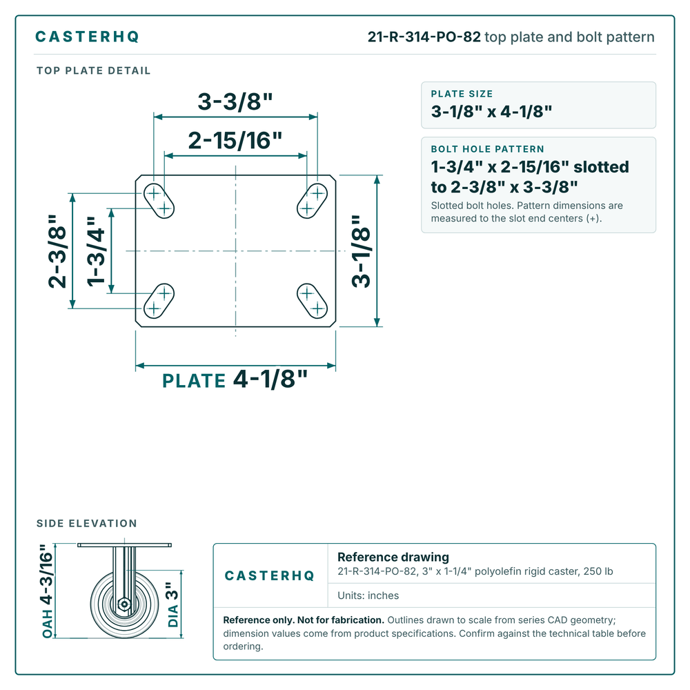 Top plate bolt pattern drawing, 3-1/8 x 4-1/8 in plate, 1-3/4 x 2-15/16 in slotted to 2-3/8 x 3-3/8 in, slotted bolt holes
