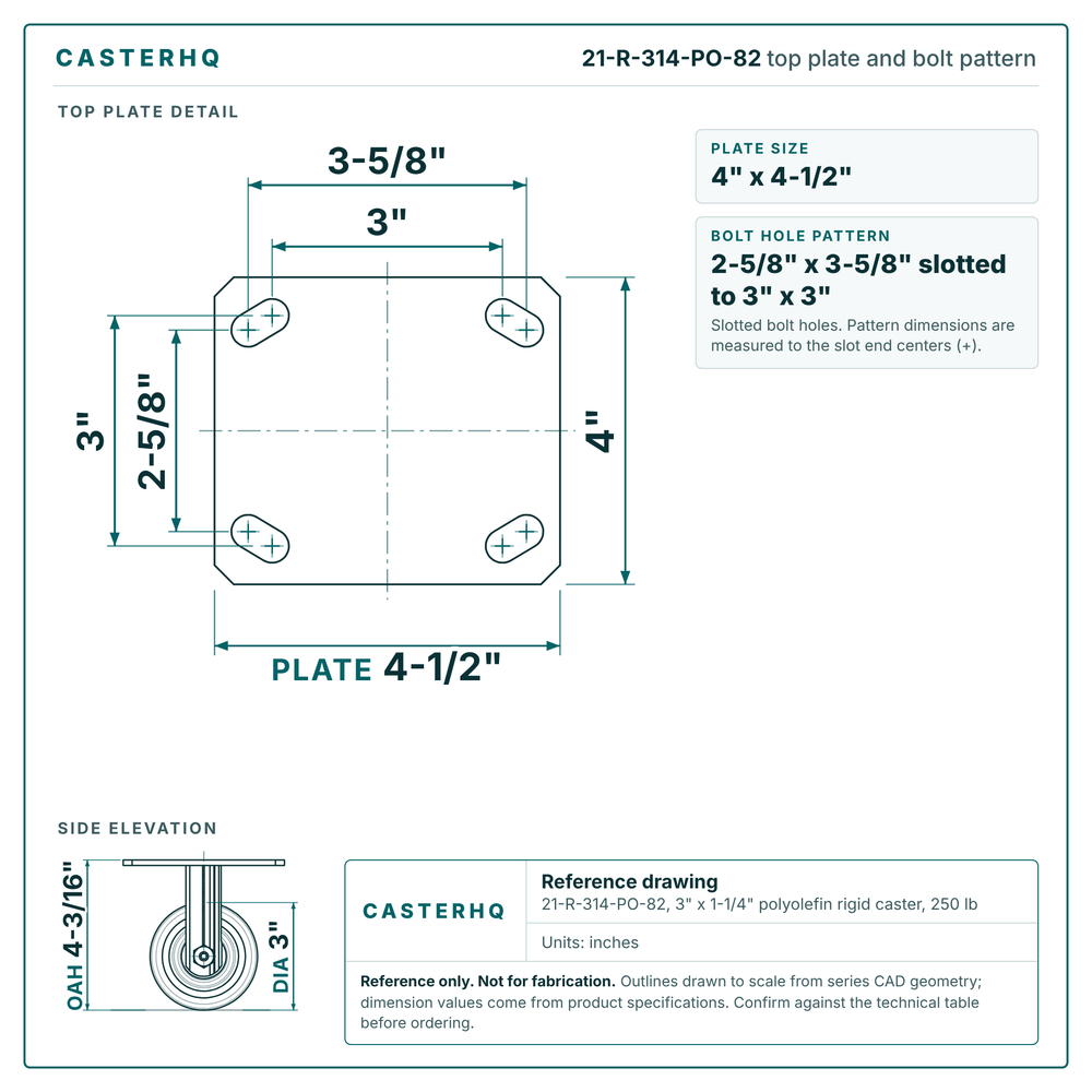 Top plate bolt pattern drawing, 4 x 4-1/2 in plate, 2-5/8 x 3-5/8 in slotted to 3 x 3 in, slotted bolt holes