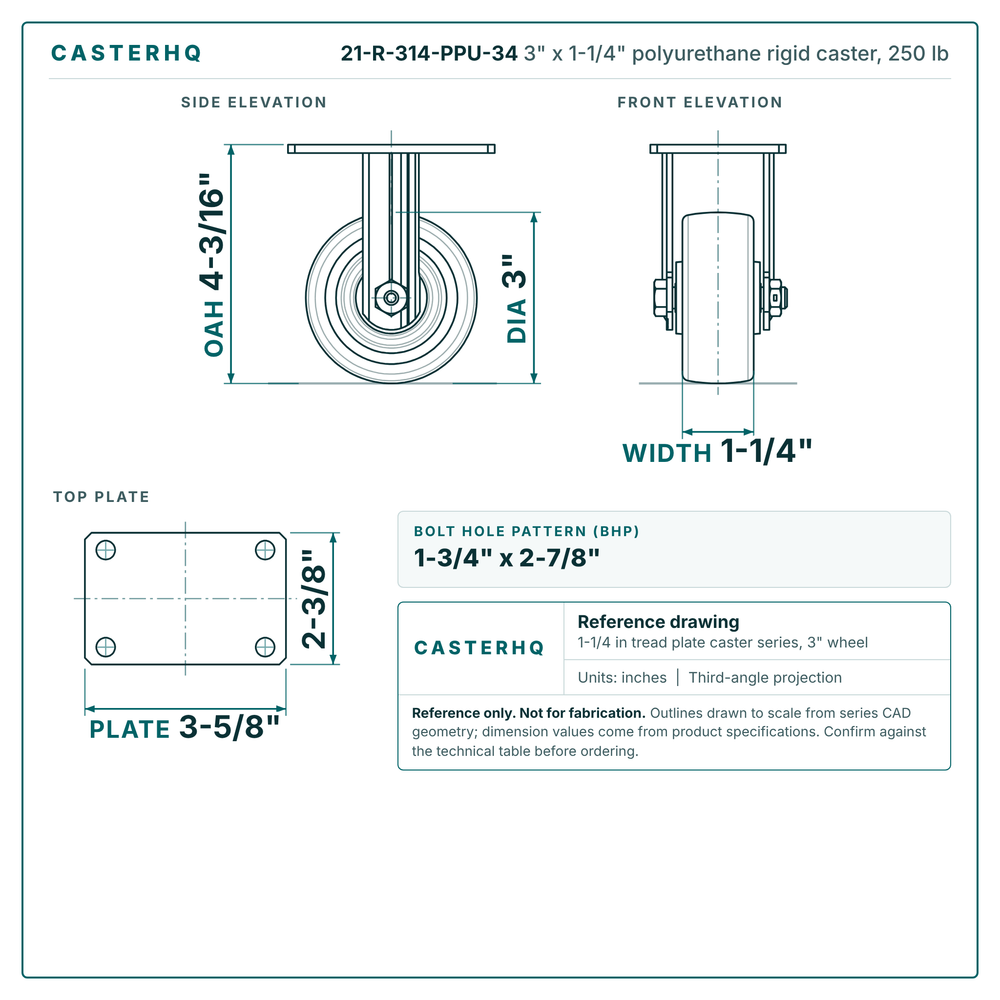 3 x 1-1/4 in polyurethane rigid caster reference drawing, 2-3/8 x 3-5/8 in top plate, side, front and top plate views with dimensions