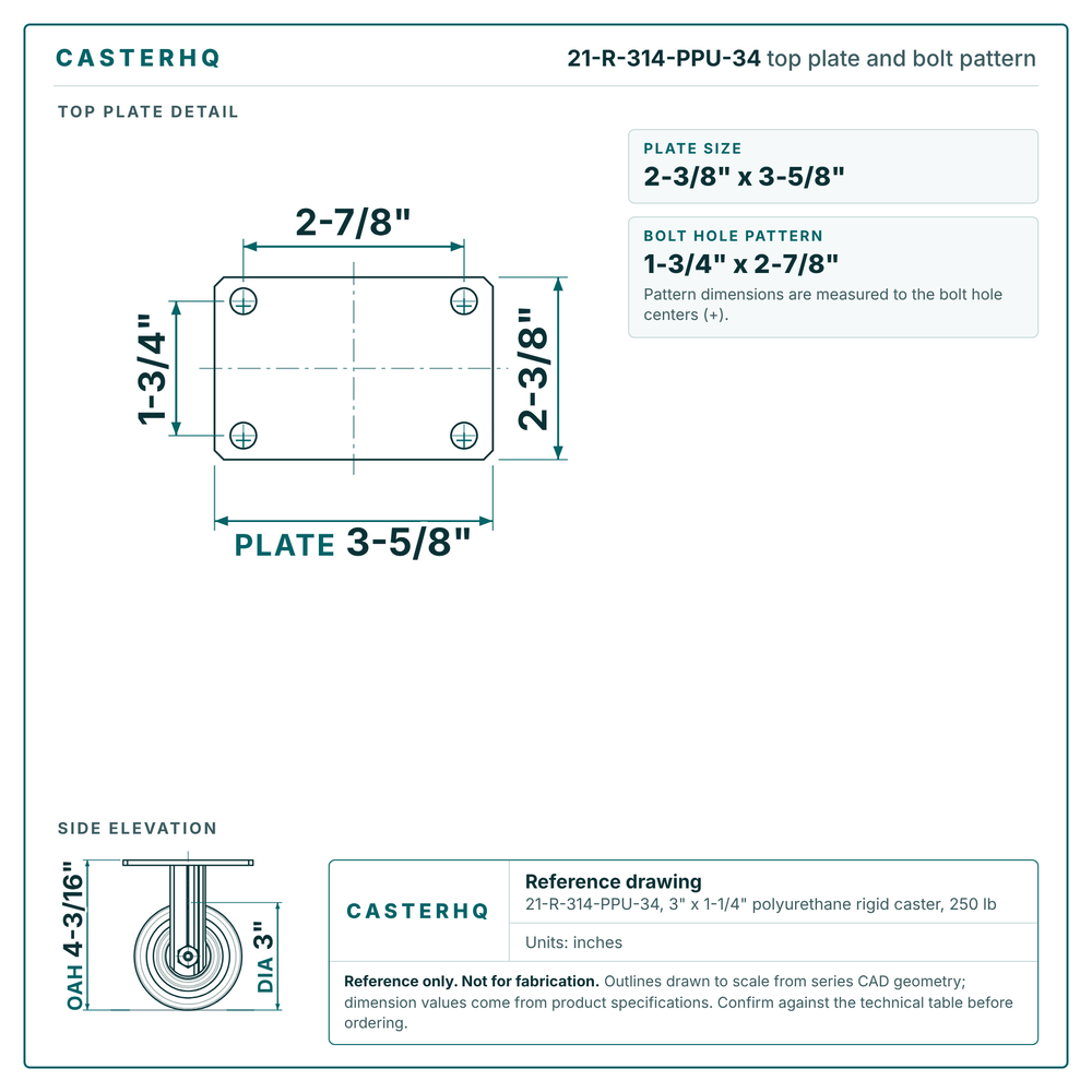 Top plate bolt pattern drawing, 2-3/8 x 3-5/8 in plate, 1-3/4 x 2-7/8 in bolt hole pattern