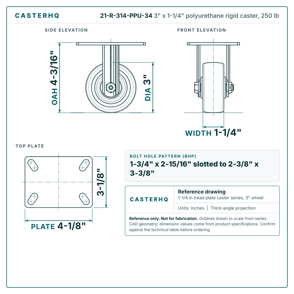 3 x 1-1/4 in polyurethane rigid caster reference drawing, 3-1/8 x 4-1/8 in top plate, side, front and top plate views with dimensions