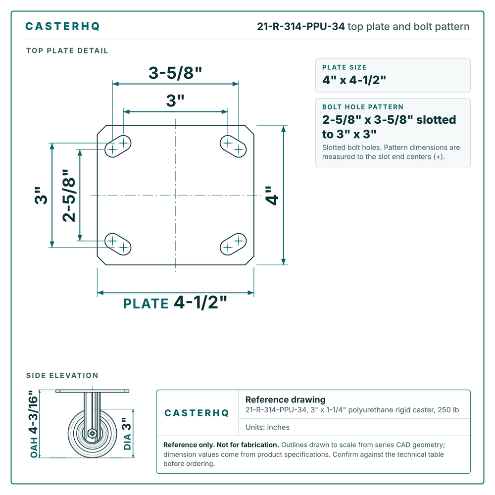 Top plate bolt pattern drawing, 4 x 4-1/2 in plate, 2-5/8 x 3-5/8 in slotted to 3 x 3 in, slotted bolt holes