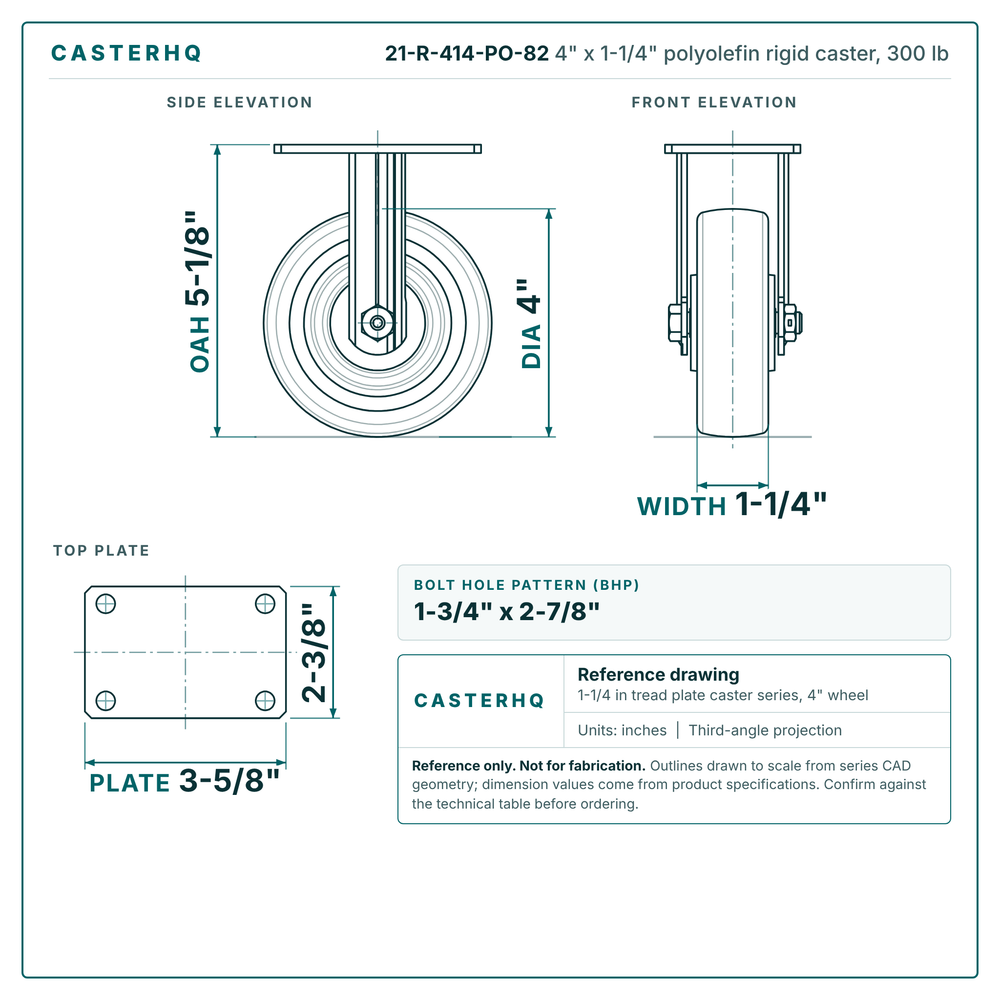 4 x 1-1/4 in polyolefin rigid caster reference drawing, 2-3/8 x 3-5/8 in top plate, side, front and top plate views with dimensions