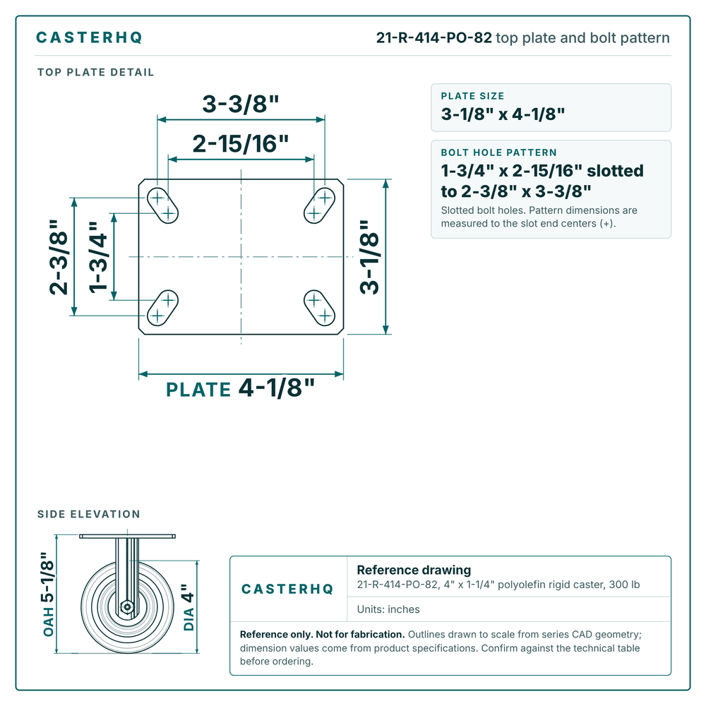 Top plate bolt pattern drawing, 3-1/8 x 4-1/8 in plate, 1-3/4 x 2-15/16 in slotted to 2-3/8 x 3-3/8 in, slotted bolt holes