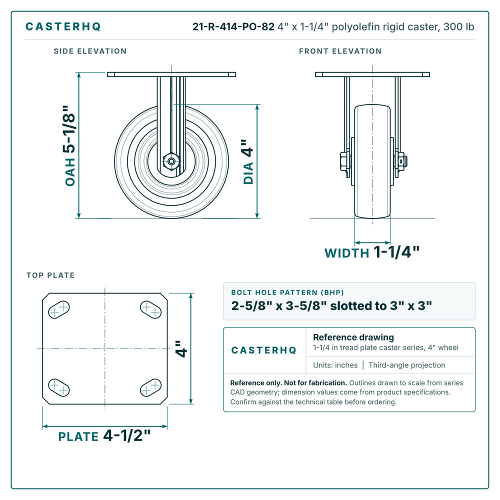 4 x 1-1/4 in polyolefin rigid caster reference drawing, 4 x 4-1/2 in top plate, side, front and top plate views with dimensions