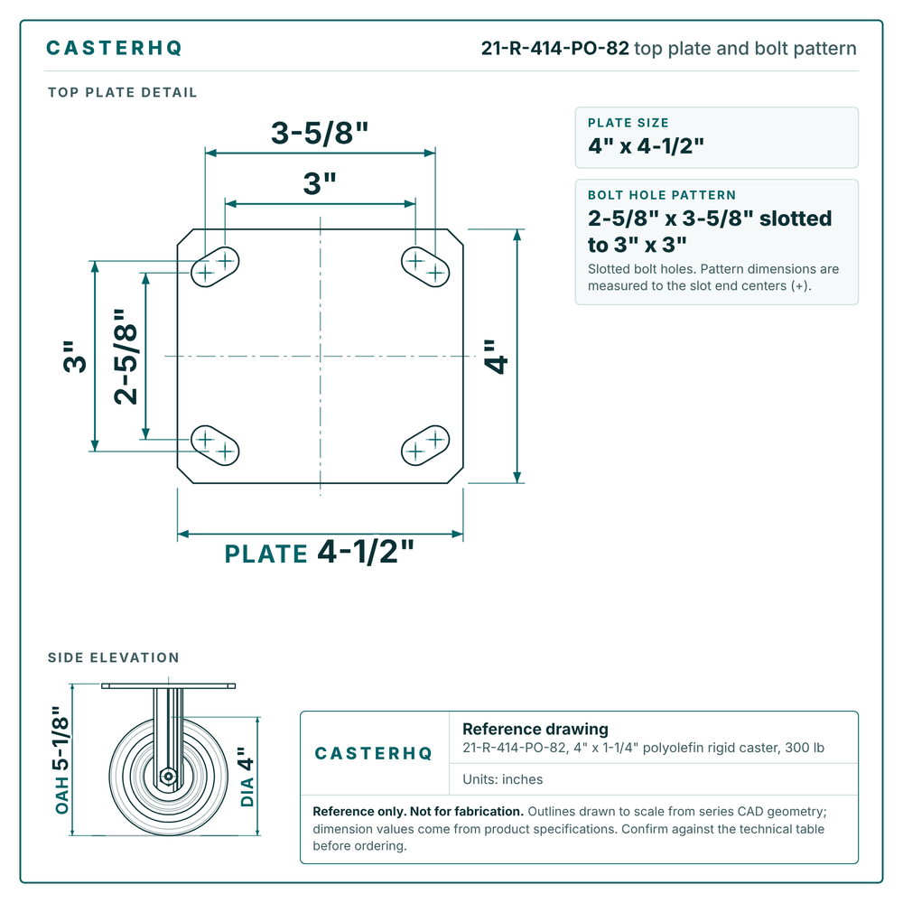 Top plate bolt pattern drawing, 4 x 4-1/2 in plate, 2-5/8 x 3-5/8 in slotted to 3 x 3 in, slotted bolt holes