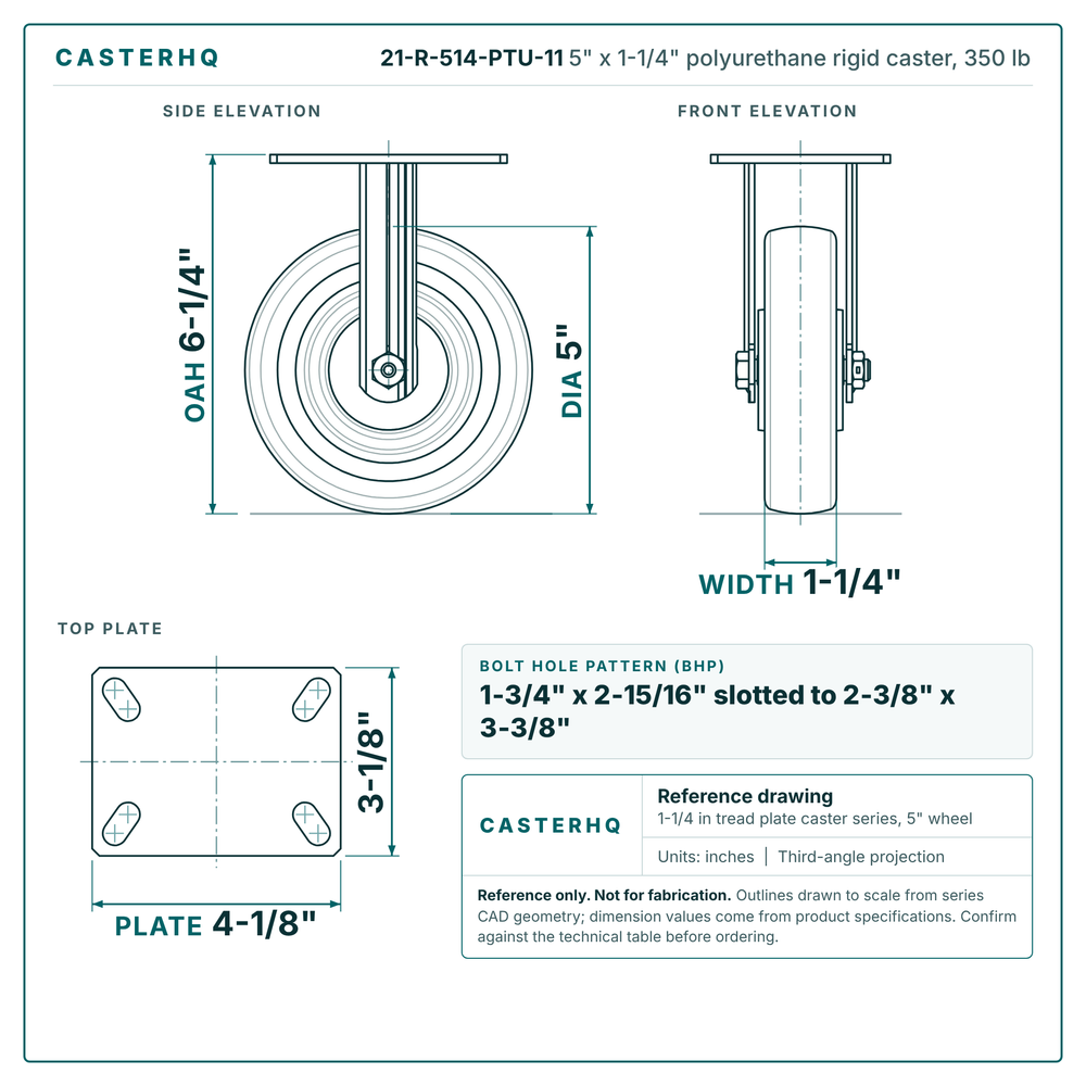 5 x 1-1/4 in polyurethane rigid caster reference drawing, 3-1/8 x 4-1/8 in top plate, side, front and top plate views with dimensions