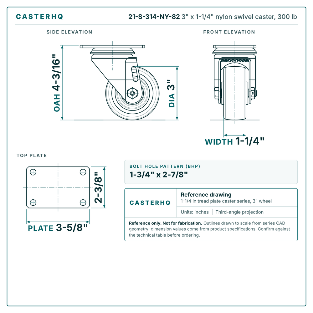 3 x 1-1/4 in nylon caster reference drawing, 2-3/8 x 3-5/8 in top plate, side, front and top plate views with dimensions