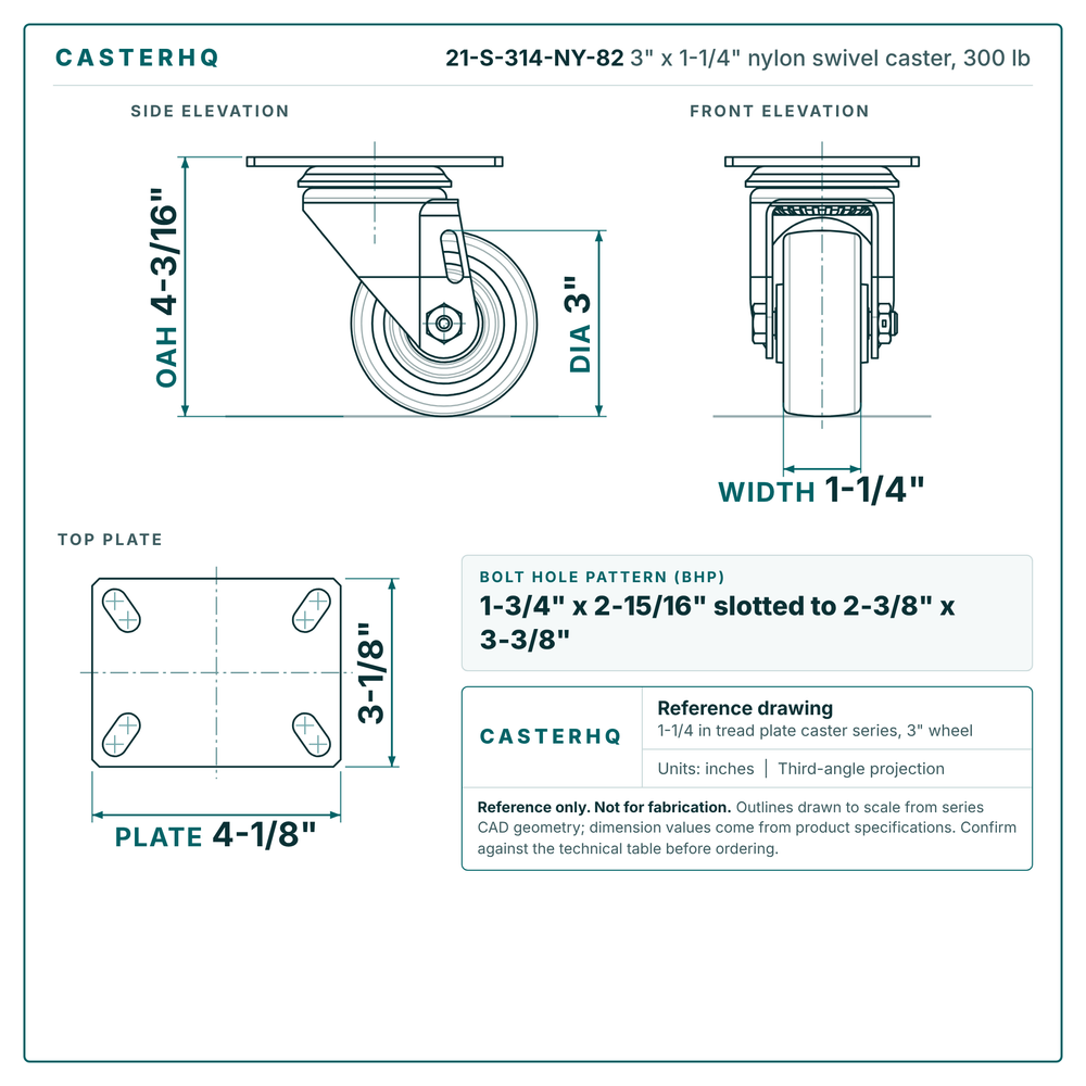3 x 1-1/4 in nylon caster reference drawing, 3-1/8 x 4-1/8 in top plate, side, front and top plate views with dimensions