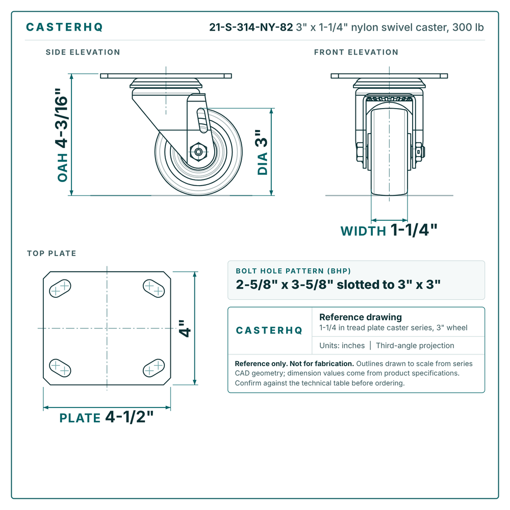 3 x 1-1/4 in nylon caster reference drawing, 4 x 4-1/2 in top plate, side, front and top plate views with dimensions