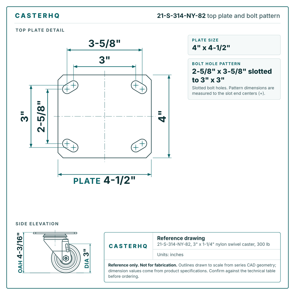 Top plate bolt pattern drawing, 4 x 4-1/2 in plate, 2-5/8 x 3-5/8 in slotted to 3 x 3 in, slotted bolt holes