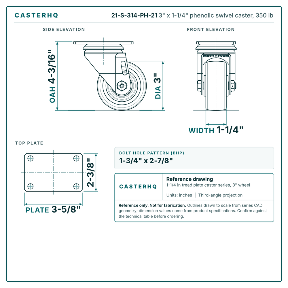 3 x 1-1/4 in phenolic caster reference drawing, 2-3/8 x 3-5/8 in top plate, side, front and top plate views with dimensions