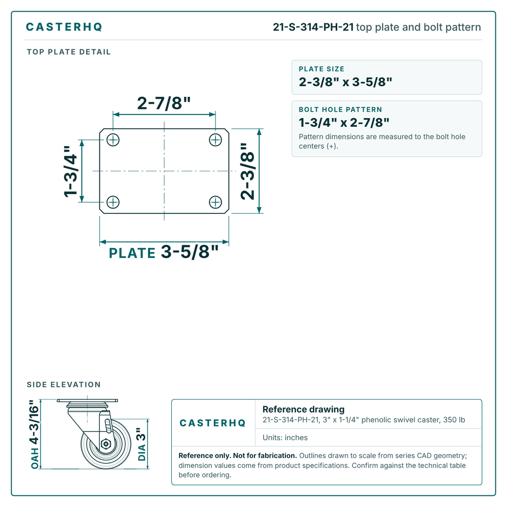 Top plate bolt pattern drawing, 2-3/8 x 3-5/8 in plate, 1-3/4 x 2-7/8 in bolt hole pattern
