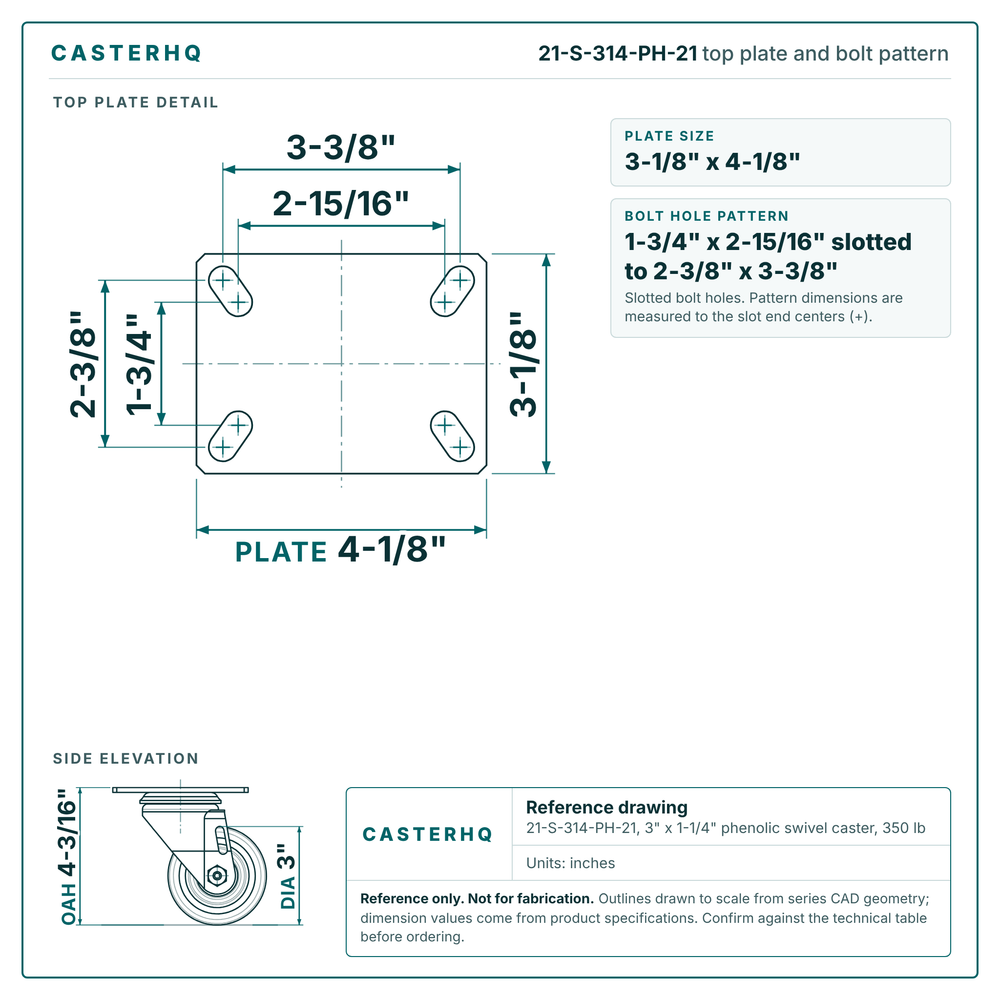 Top plate bolt pattern drawing, 3-1/8 x 4-1/8 in plate, 1-3/4 x 2-15/16 in slotted to 2-3/8 x 3-3/8 in, slotted bolt holes