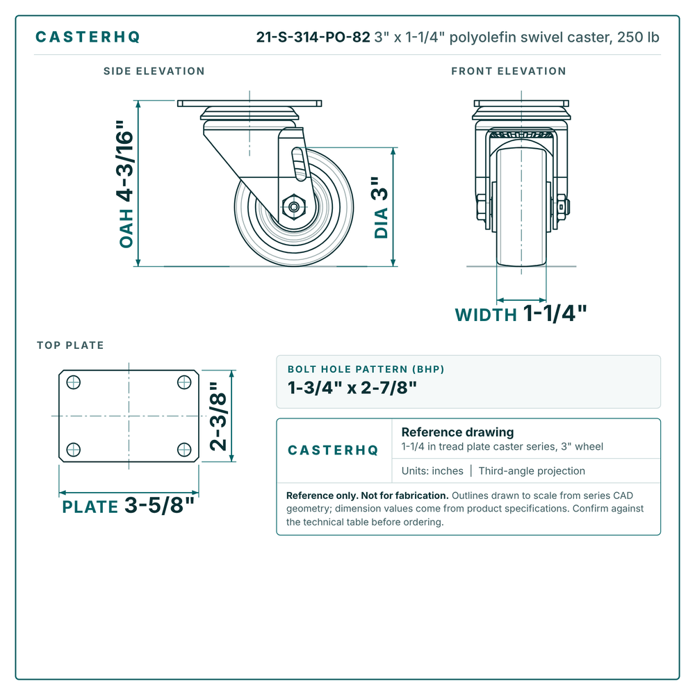 3 x 1-1/4 in polyolefin caster reference drawing, 2-3/8 x 3-5/8 in top plate, side, front and top plate views with dimensions