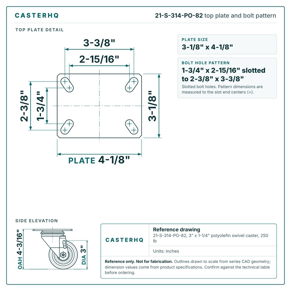 Top plate bolt pattern drawing, 3-1/8 x 4-1/8 in plate, 1-3/4 x 2-15/16 in slotted to 2-3/8 x 3-3/8 in, slotted bolt holes