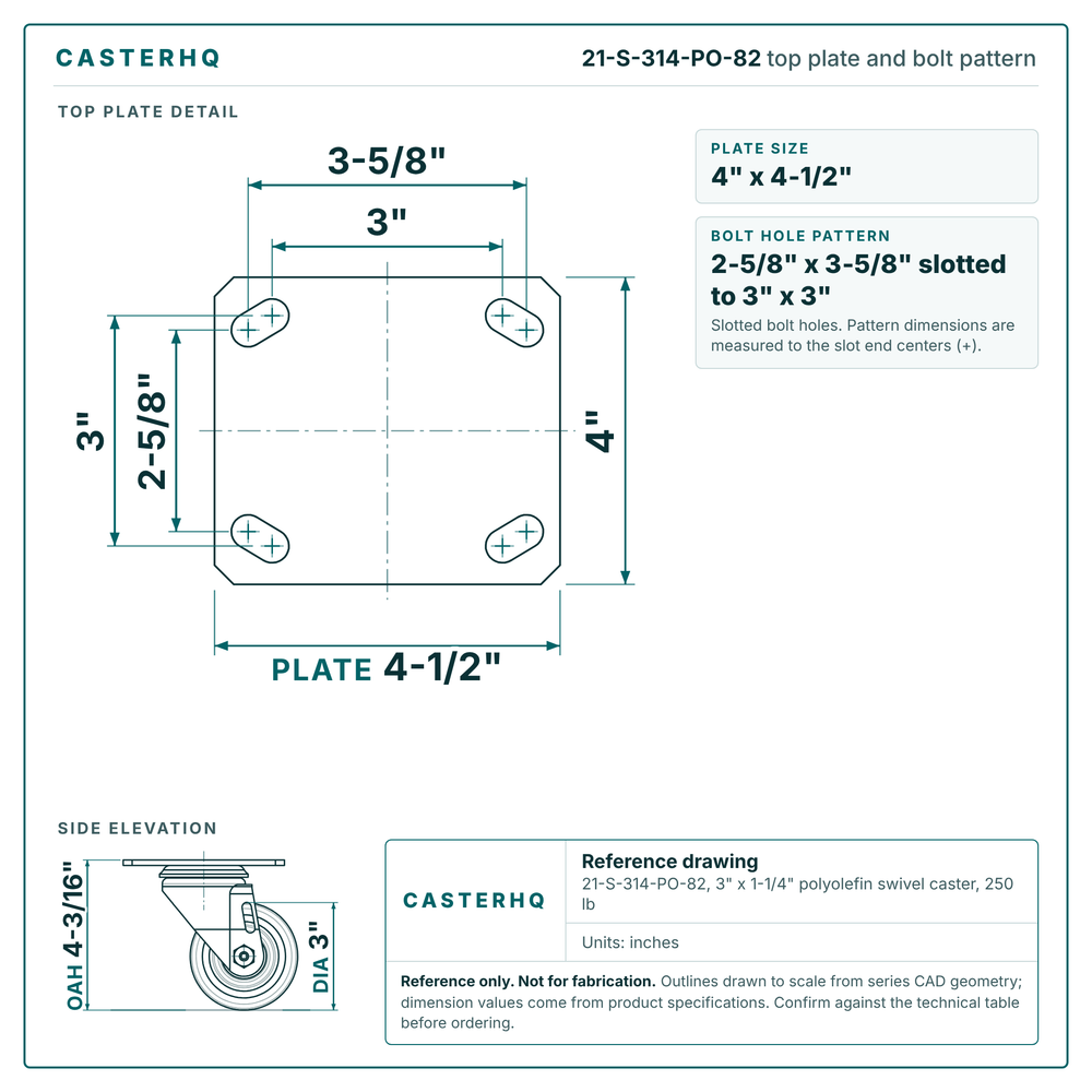 Top plate bolt pattern drawing, 4 x 4-1/2 in plate, 2-5/8 x 3-5/8 in slotted to 3 x 3 in, slotted bolt holes