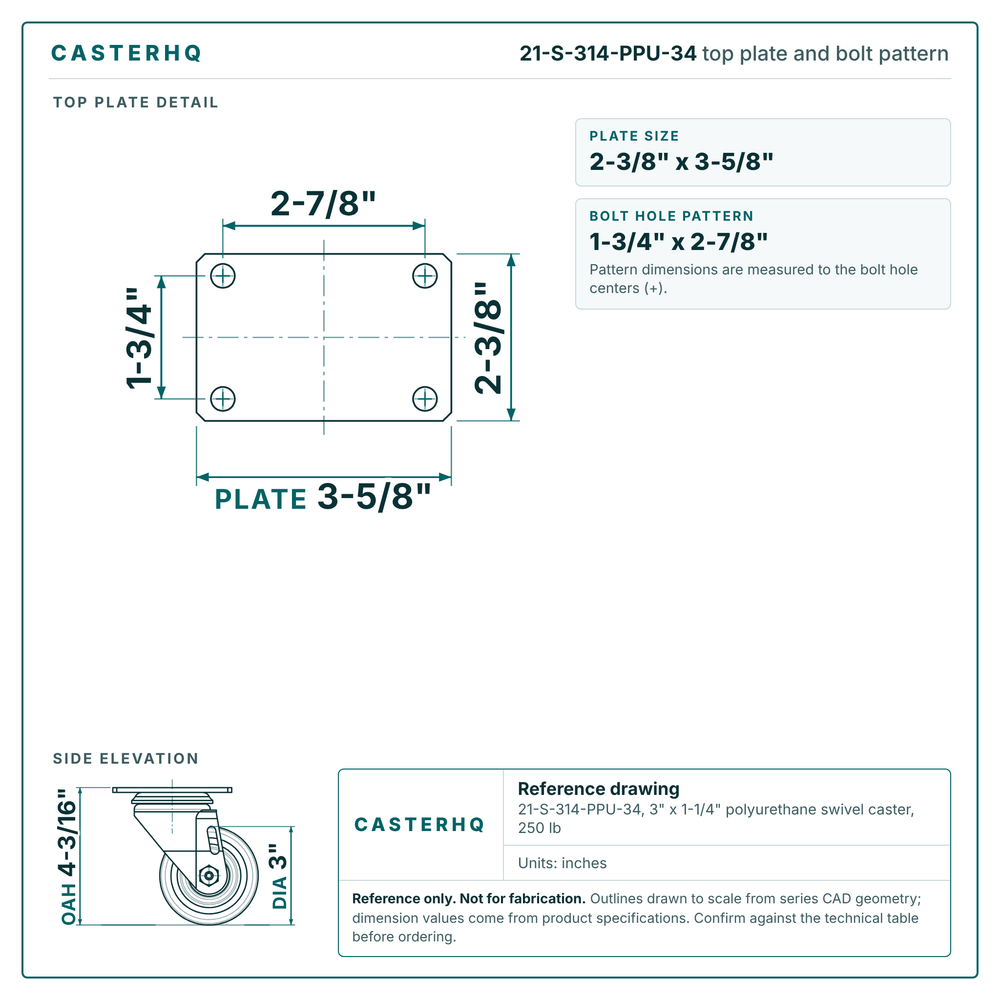 Top plate bolt pattern drawing, 2-3/8 x 3-5/8 in plate, 1-3/4 x 2-7/8 in bolt hole pattern