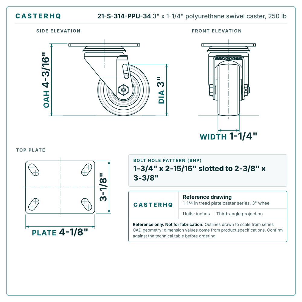 3 x 1-1/4 in polyurethane caster reference drawing, 3-1/8 x 4-1/8 in top plate, side, front and top plate views with dimensions