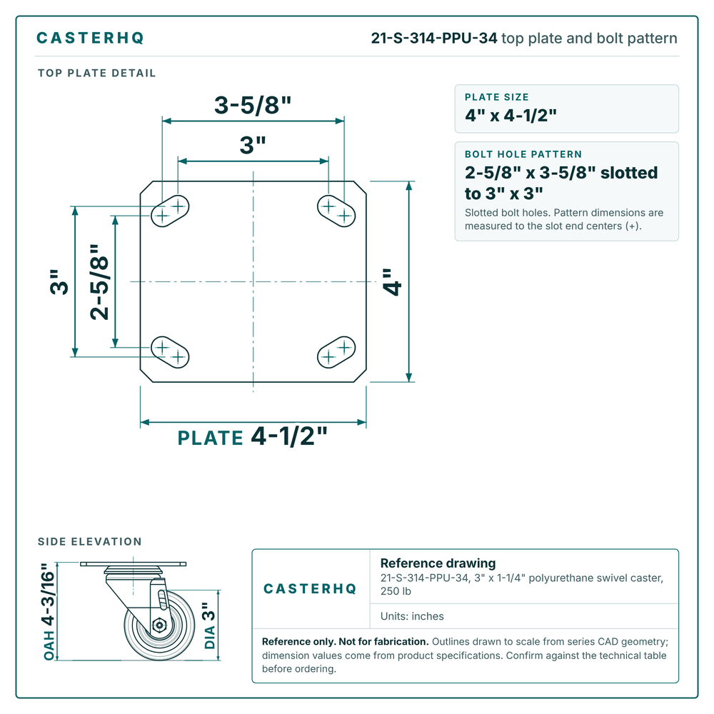 Top plate bolt pattern drawing, 4 x 4-1/2 in plate, 2-5/8 x 3-5/8 in slotted to 3 x 3 in, slotted bolt holes