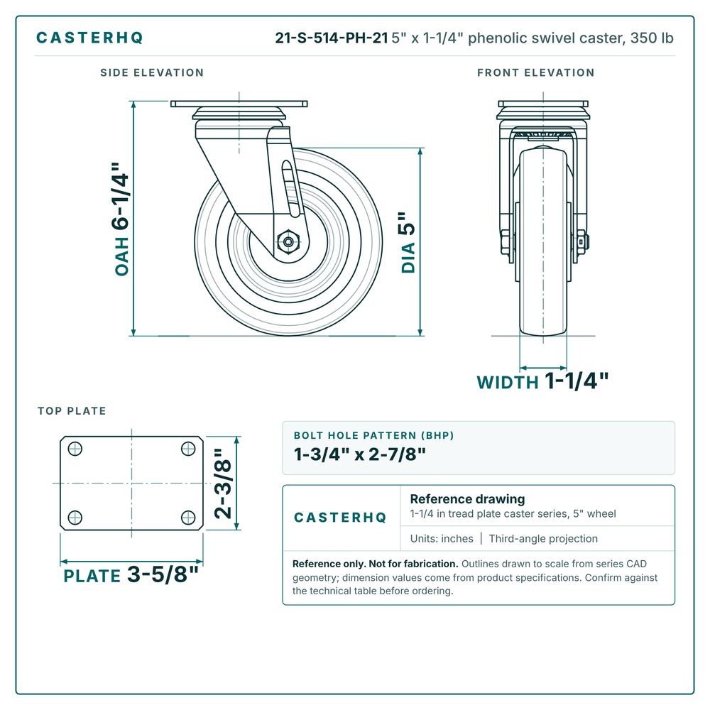 5 x 1-1/4 in phenolic caster reference drawing, 2-3/8 x 3-5/8 in top plate, side, front and top plate views with dimensions