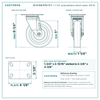 5 x 1-1/4 in polyurethane caster reference drawing, 3-1/8 x 4-1/8 in top plate, side, front and top plate views with dimensions