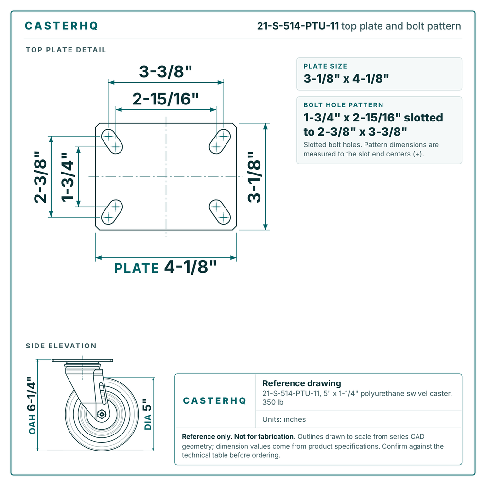 Top plate bolt pattern drawing, 3-1/8 x 4-1/8 in plate, 1-3/4 x 2-15/16 in slotted to 2-3/8 x 3-3/8 in, slotted bolt holes