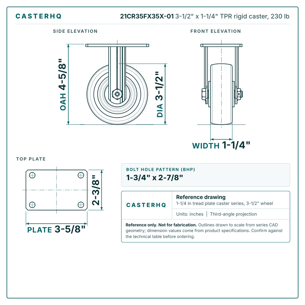 21CR35FX35X-01 3-1/2 x 1-1/4 in TPR rigid caster reference drawing, side, front and top plate views with dimensions