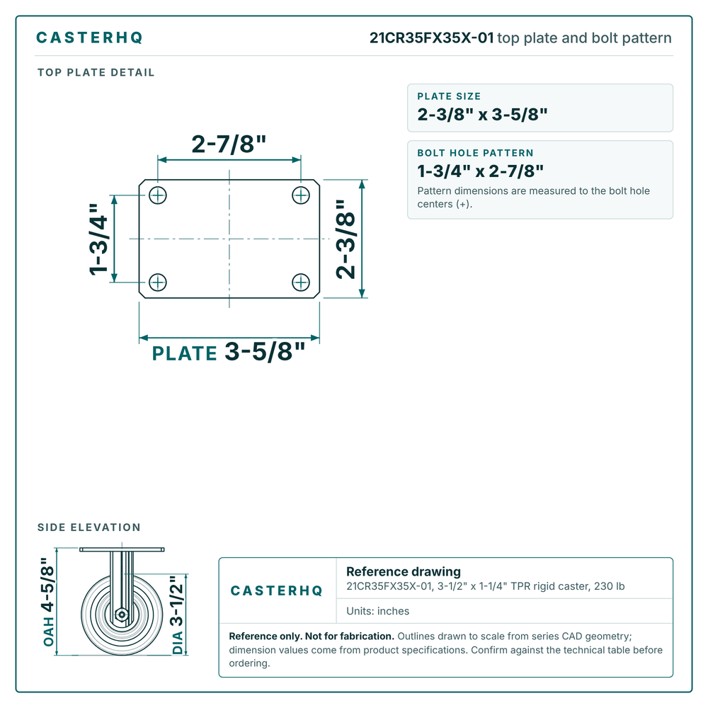 21CR35FX35X-01 top plate bolt pattern drawing, 2-3/8 x 3-5/8 in plate, round bolt holes