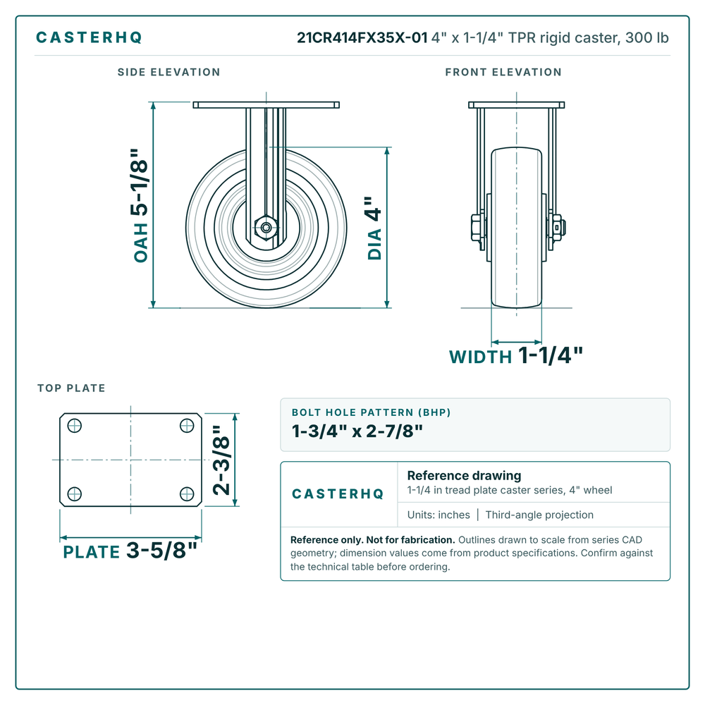 21CR414FX35X-01 4 x 1-1/4 in TPR rigid caster reference drawing, side, front and top plate views with dimensions